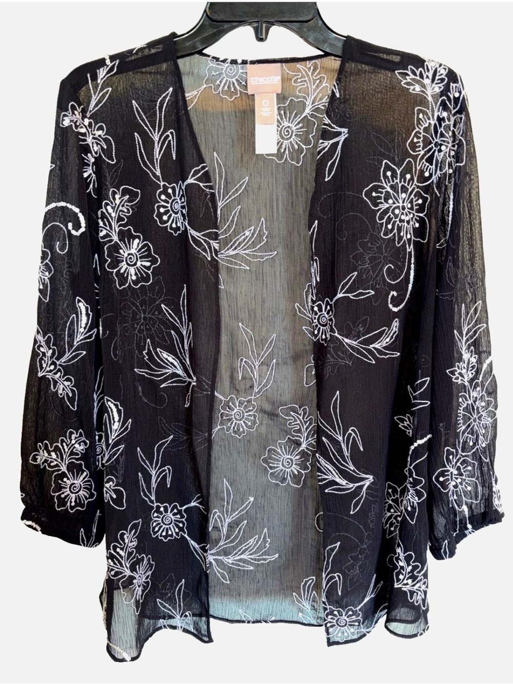 Chico’s Size 0 S Black Sheer Floral Embroidered Kimono Cardigan